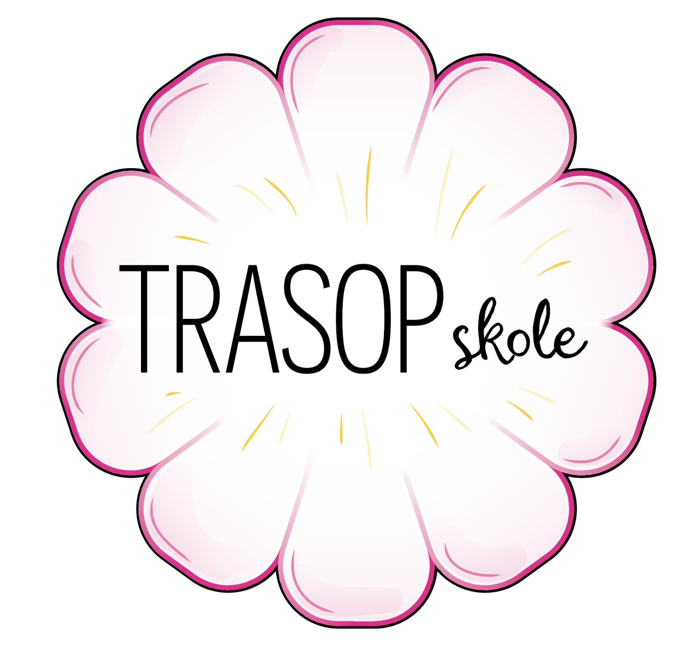 Trasop skoles flotte logo. En blomst hvor det står skrevet Trasop skole inni.